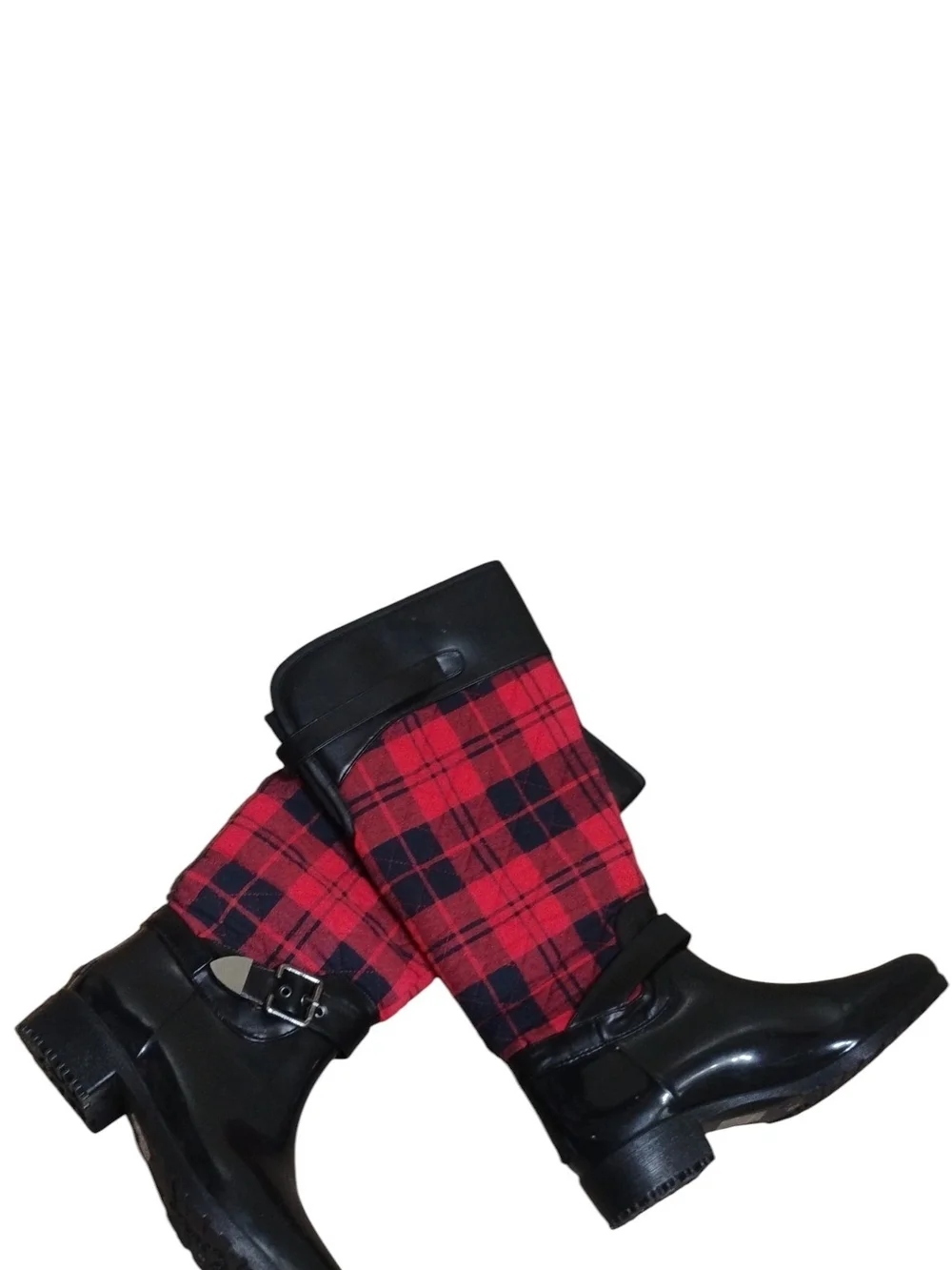 Charlie Paige Red Plaid Quilted Tall Rain Boots w Black Trim Size 10